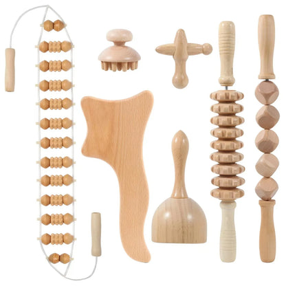 7 in 1 Therapy Massage Tools Maderoterapia Kit Home Wood Massager Roller Wood Gua Sha Roller Manual Wooden Massager