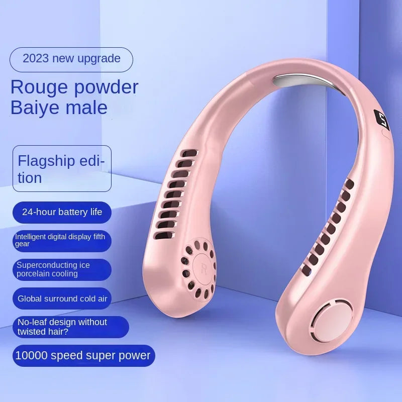 Cool Neck Fan Mini Bladeless Mute Fan USB Rechargeable 5 Speed Silence Wearable Neckband Electric Air Conditioner Fan