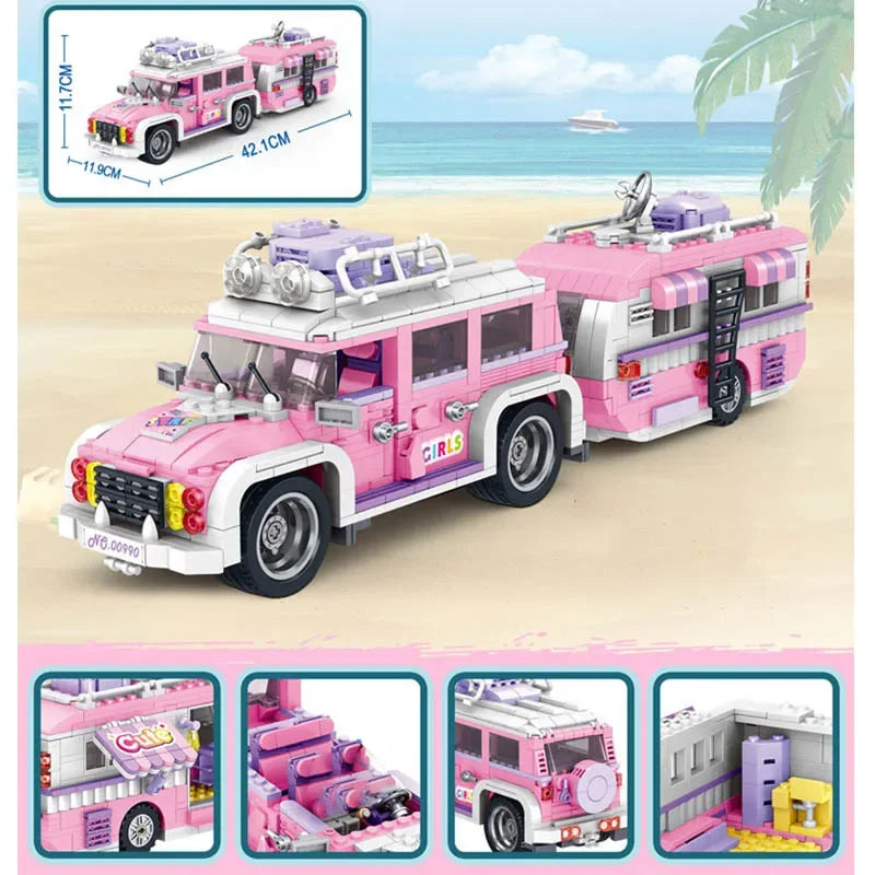 Technical 1149Pcs Pink Camper Touring Bus Travel Car Model Building Micro Blocks City Wagon Truck With Figures Bricks Toys Gifts