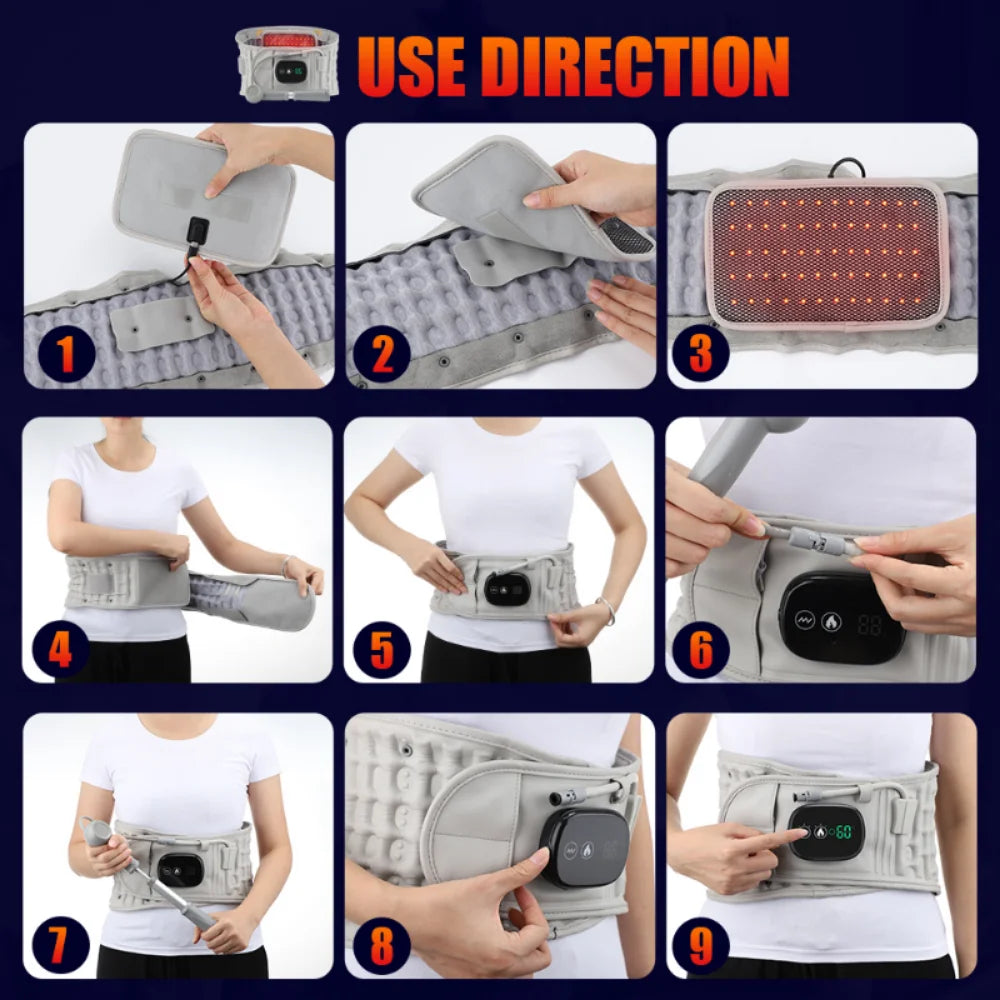 USB Charge Back Relief Waist Support Belt Abdomen Muscle Relax Inflatable Belt Red Light Heating Vibration Massage Airbag