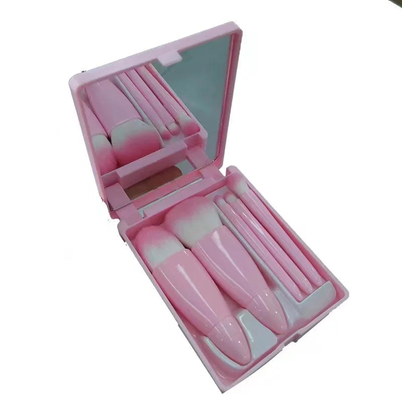 5PCS Mini Makeup Brushes Set With Mirror Box Blush Lip Eye Shadow Brush Professional Cosmetic Brushes Kit Portable Travel Beauty