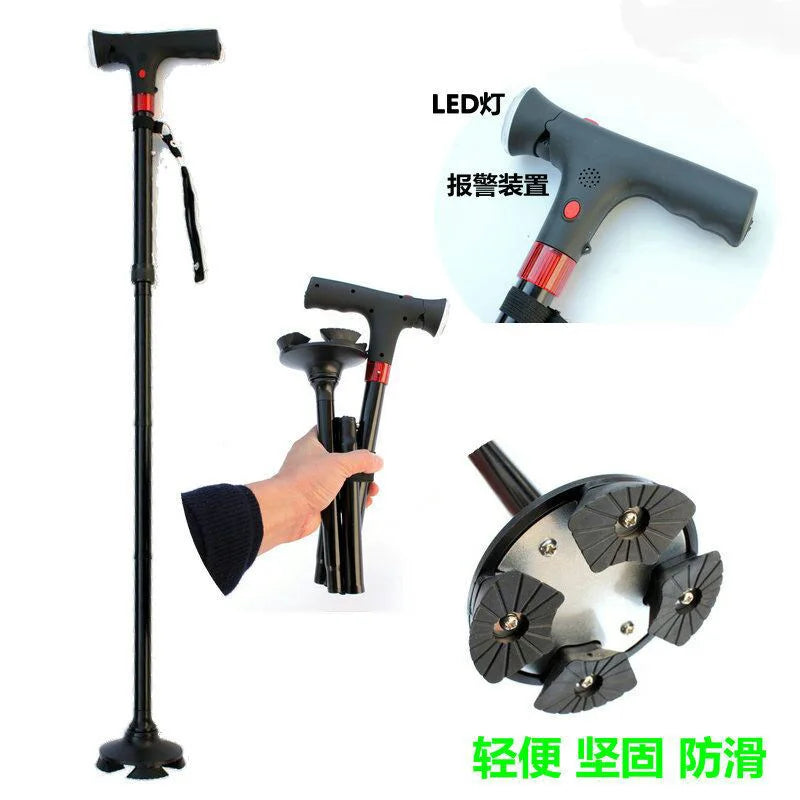 New Telescopic Folding Crutch Cane Elder Cane LED with Alarm Walking Trusty Sticks Elder Collapsible Crutch for Mothers Fathers