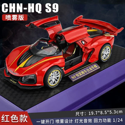 1/24 Diecasts Simulation HongQi S9 Model Sport Car Cool Toy Exhaust Effects One Key Open DoorKids Toys Spray Light Alloy Body