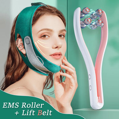 Chin Cheek Slim Face Lift with Skin Care Tool NEW Soft EMS Face Lift Roller Double Chin V Face Shape Face Massager