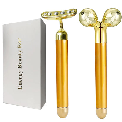 24K Glod Electric Face Massager 3D Roller 2 in 1 Facial Pulse T Shape Massager Kit Arm Eye Nose Massager Skin Care Tools