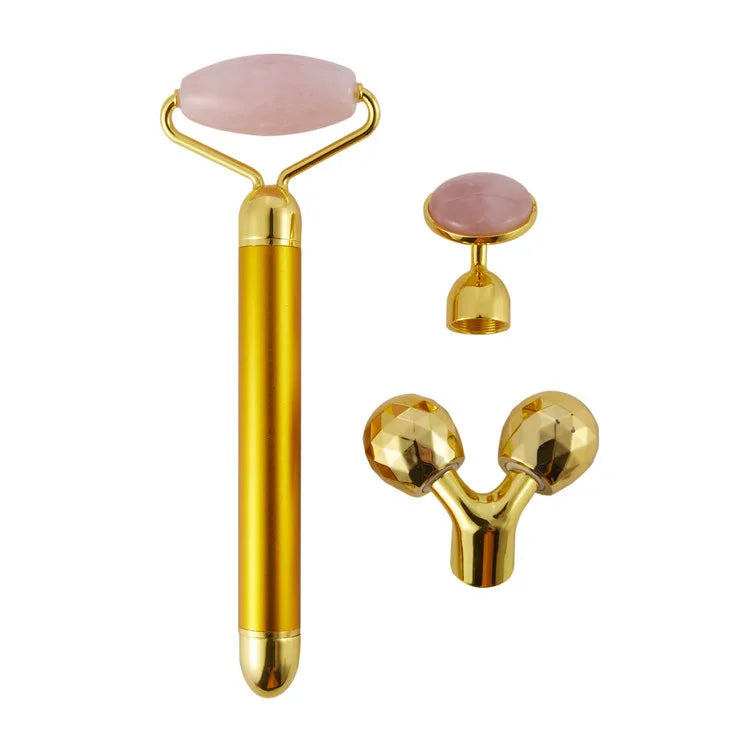 3 in 1 24K Gold Beauty Bar Electric Face Massager Vibrating Rose Quartz 3D Roller Face Lifting Body Facial Gua Sha Jade Roller