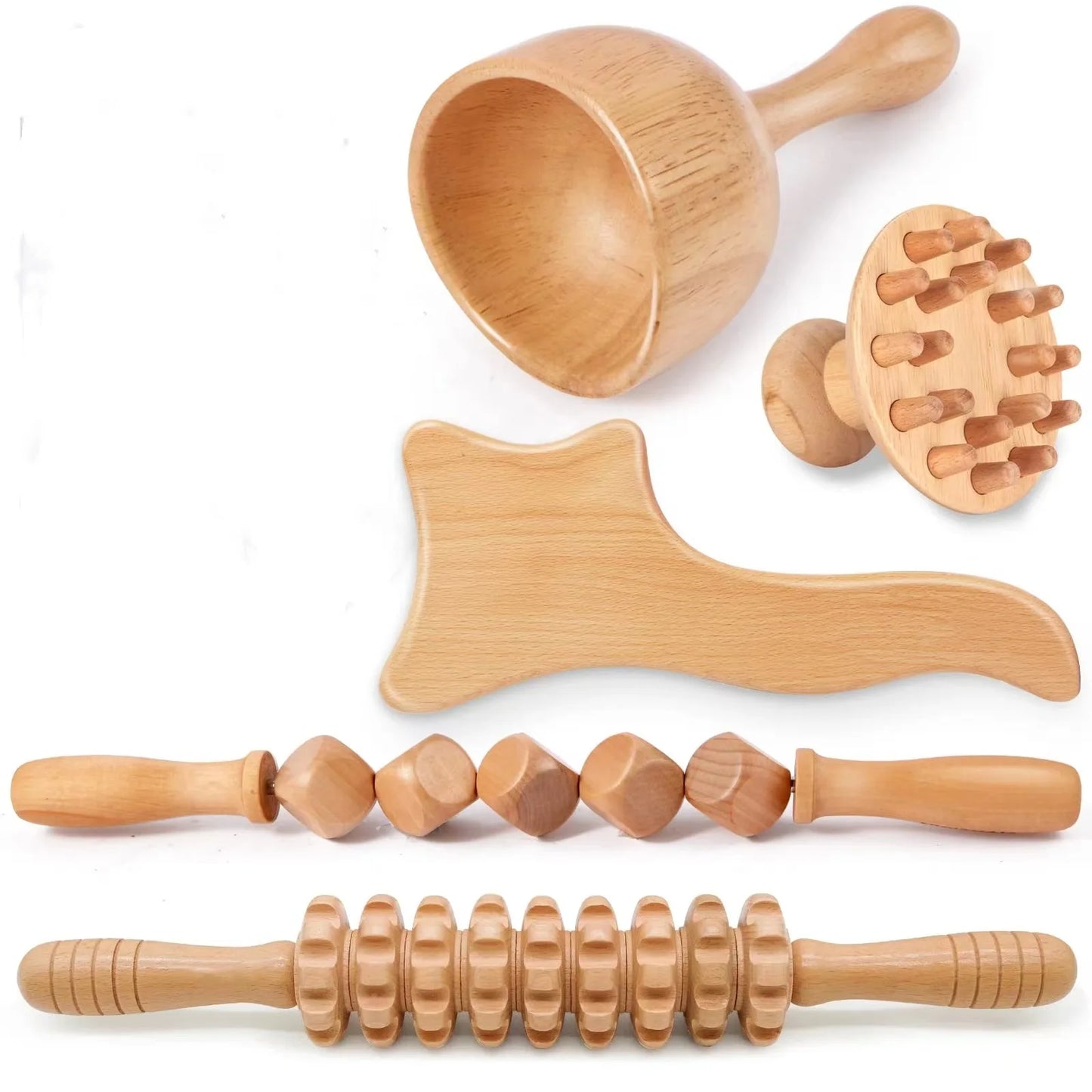 7 in 1 Therapy Massage Tools Maderoterapia Kit Home Wood Massager Roller Wood Gua Sha Roller Manual Wooden Massager