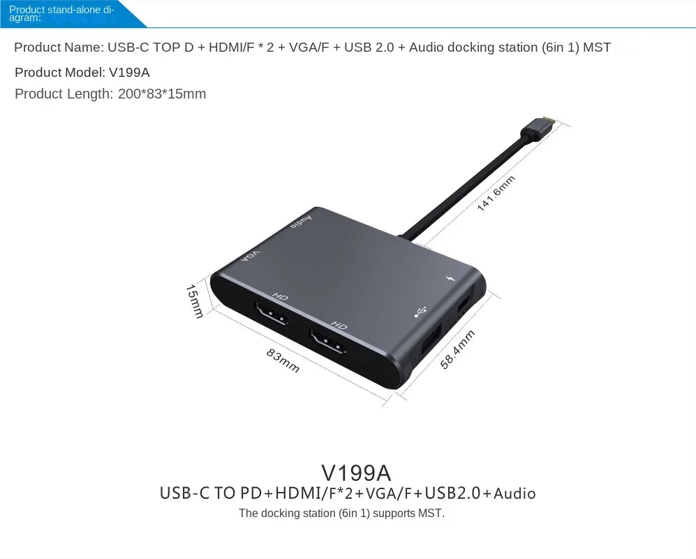 6-in-1 Type C To HDMI*2+VGA+USB2.0+Audio+Power Delivery: MST Supported Docking Station