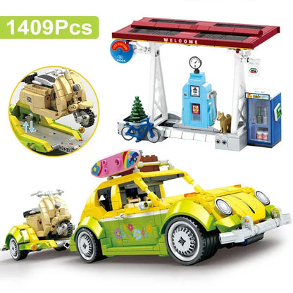 1409Pcs MOC Technical Pull Back Beetle Racing Car Model Building Blocks City Trailer Vehicle Filling Station Bricks Toy Kid Gift