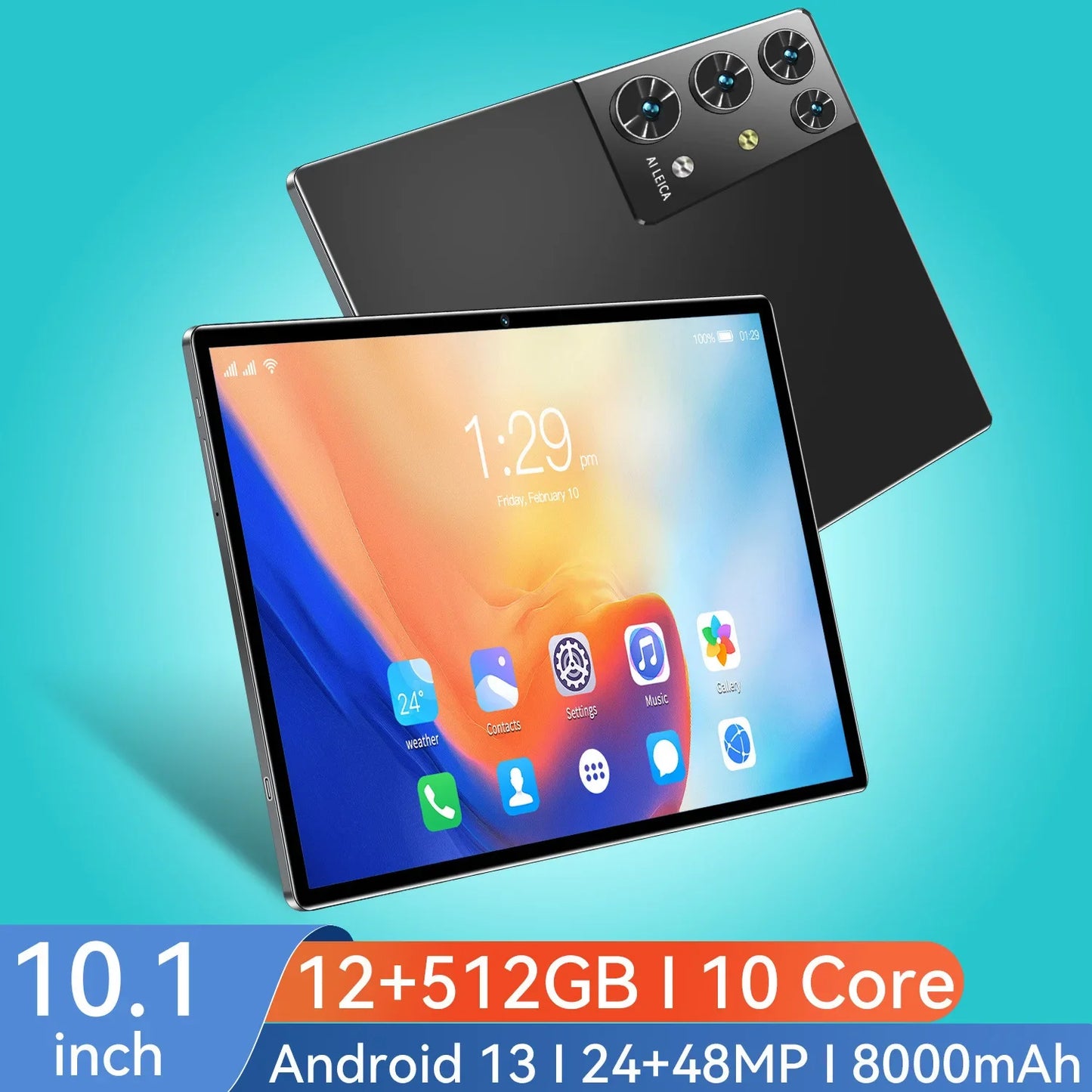 Android 13 Tablet 10.1 inch HD Screen, 12GB RAM 512GB ROM, 10 Core, 24MP Frong 48MP Rear Camera, 2.4G/5G WiFi GPS Dual SIM Card