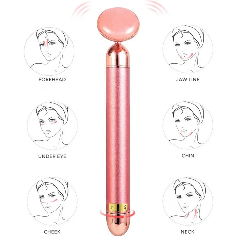 3 in 1 24K Gold Beauty Bar Electric Face Massager Vibrating Rose Quartz 3D Roller Face Lifting Body Facial Gua Sha Jade Roller