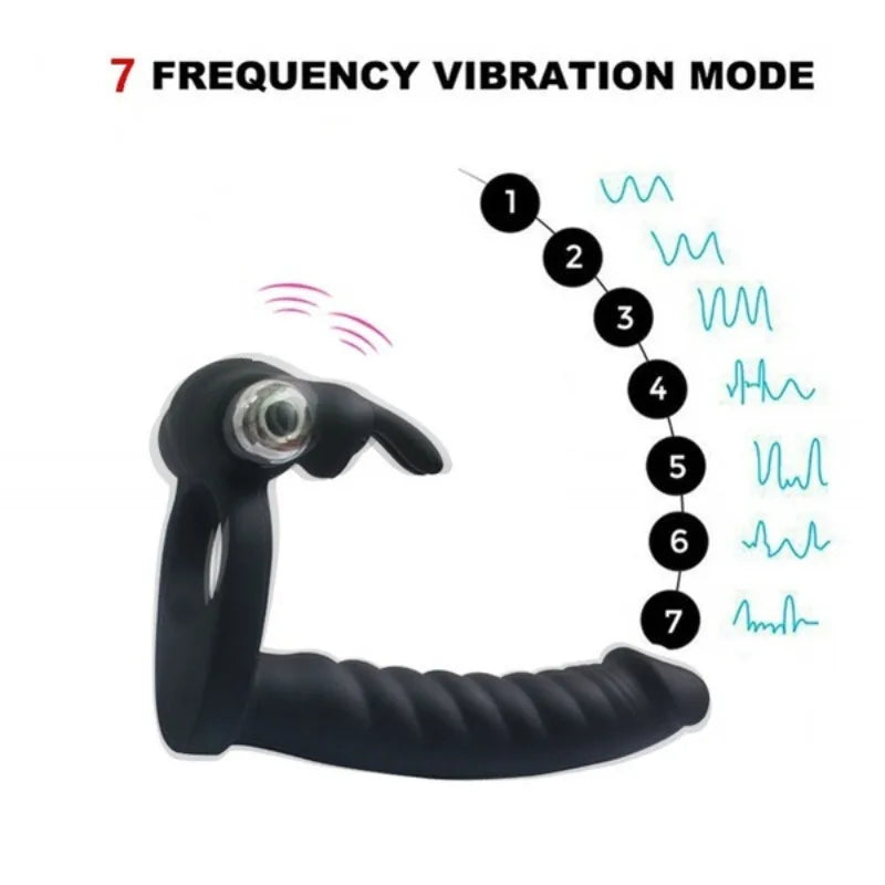 2 IN 1 Delay Lasting Ejaculation Penis Cock Lock Ring Vibrator G-Spot 7 Frequency Vibration Vaginal Massage Dildo Anal Plug Toy