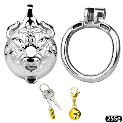 Stainless Steel Cow Tiger Head Shape Cock Cage Male Chastity Device Cock Ring Penis Lock with Belt for Adult Game Metal Sex Toy