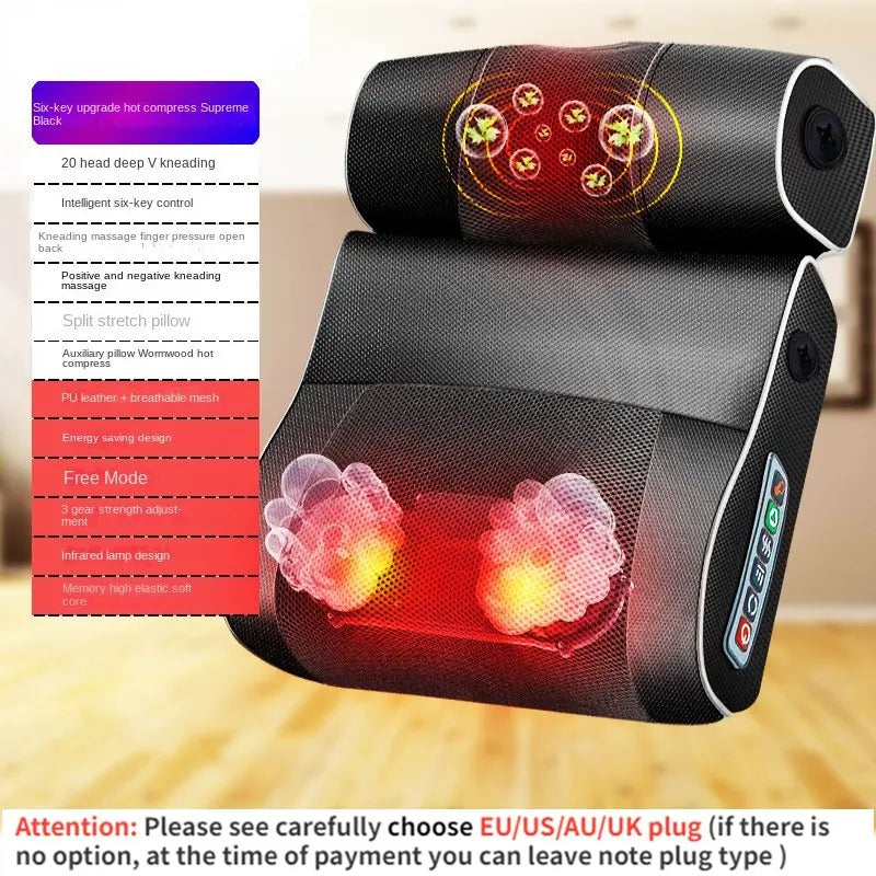 New Electric Neck Relaxation Head Massage Pillow Back Heating Kneading Infrared Therapy Shiatsu Ab Pillow Massager - Black