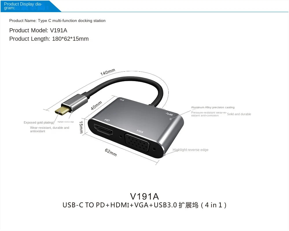 4-in-1 Type-C To HDMI 4K Video Converter with VGA and USB 3.0: High Definition Connectivity