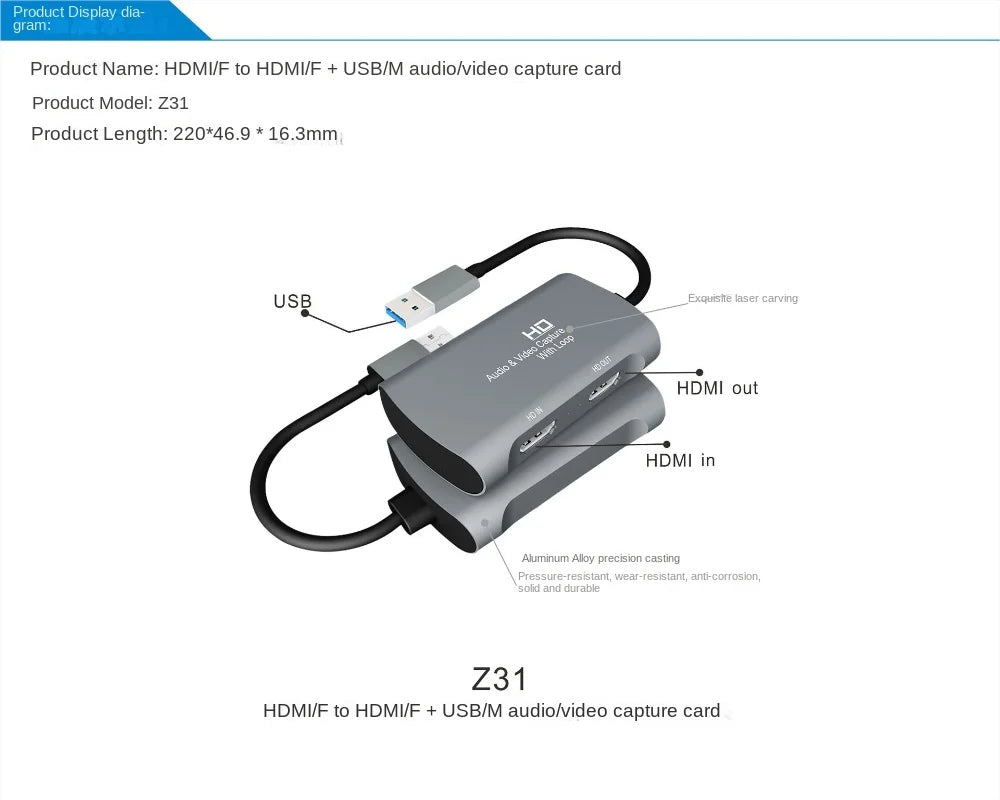 USB To HDMI HD Video Capture Card with Loop-Out - Gaming, Live Streaming, and Educational Video Recording - OBS Compatible