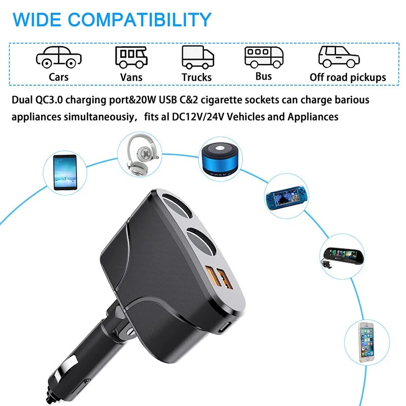 TR35 High Power Car Cigarette Lighter with Dual QC3.0/PD Fast Charging, 120W, 12V/24V Car Charger