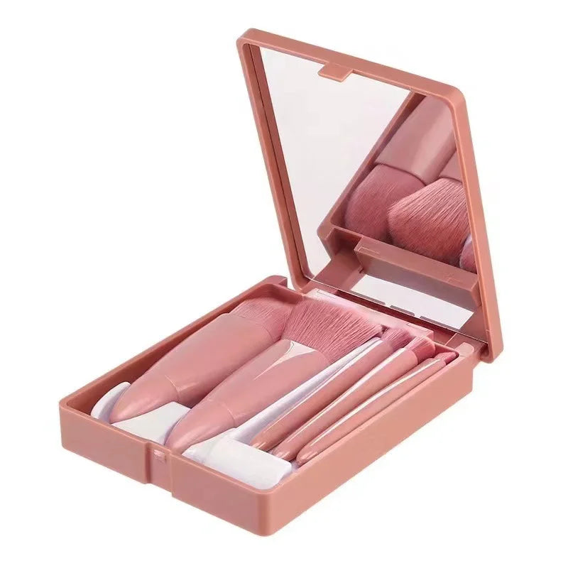 5PCS Mini Makeup Brushes Set With Mirror Box Blush Lip Eye Shadow Brush Professional Cosmetic Brushes Kit Portable Travel Beauty