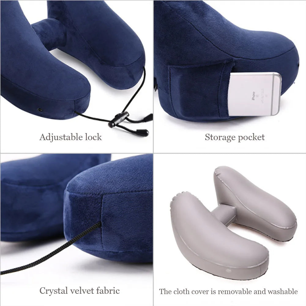 1pack H Shaped Massage Pillow Inflatable Portable Storage Outdoor Travel Long Distance Car Airplane Rest Hooded Neck Pillow