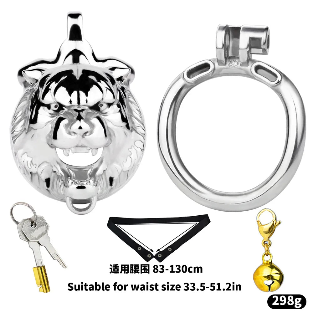 Stainless Steel Cow Tiger Head Shape Cock Cage Male Chastity Device Cock Ring Penis Lock with Belt for Adult Game Metal Sex Toy