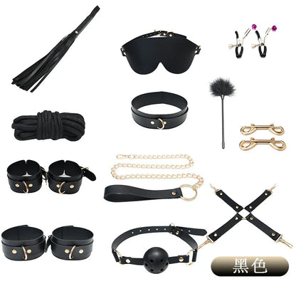 8-13pcs set Classic BDSM Restraints Sex Toy Kits Handcuffs & Ankle Fetish Suit Nipple Clipper Mouth Gag Whip Sex Feather Soft SM