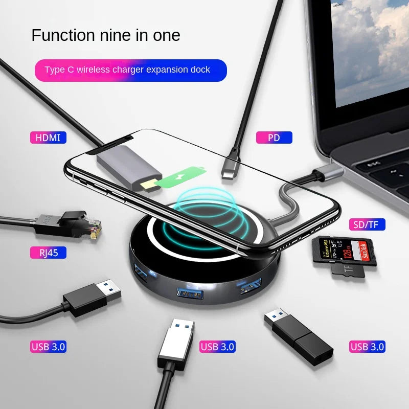 Type-C HUB Wireless Charging Dock - 9-in-1 USB-C HUB for MacBook, Phone Expansion