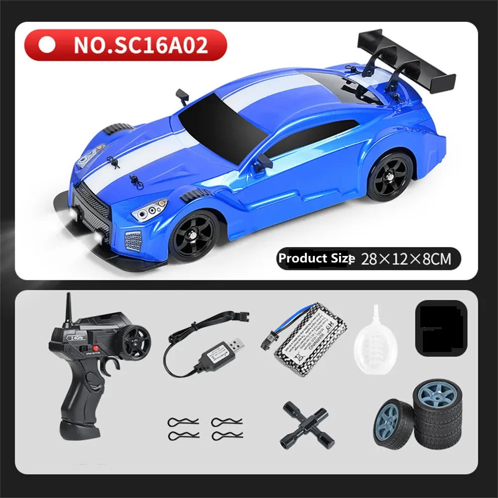 2.4G 4WD 1/16 Drift RC Car Spray LED Light High Speed Remote Control Car Models Toys for Boy Kids Children Gifts