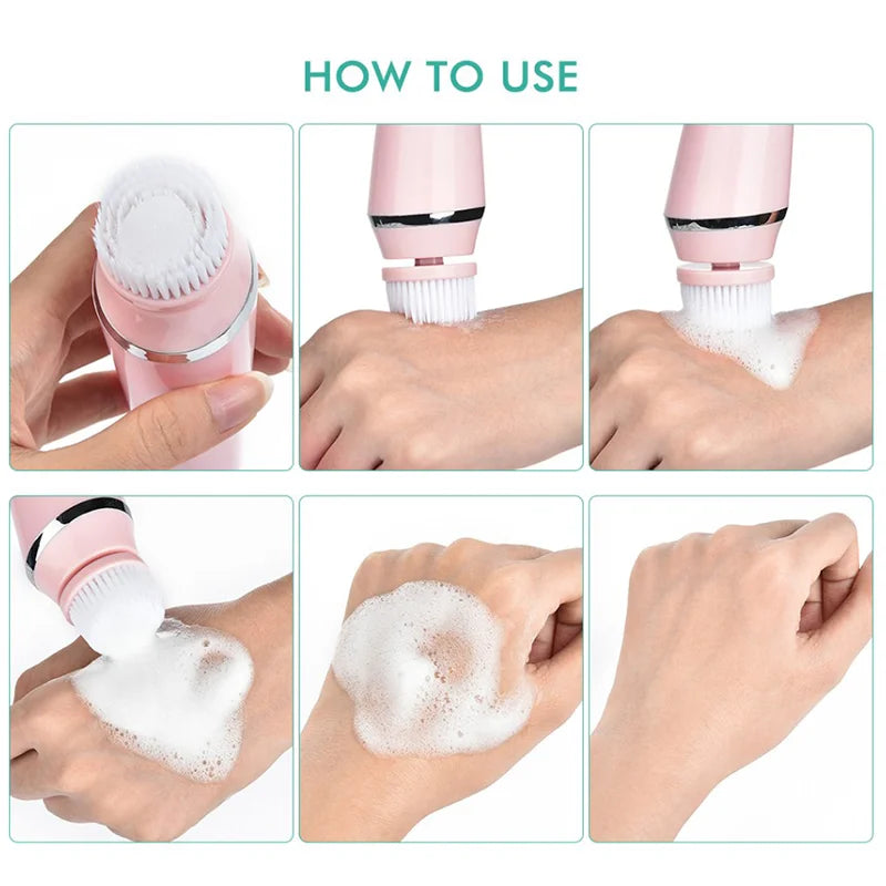 New Electric Facial Cleansing Brush with 4 Brush Heads 3 Modes Skincare Waterproof Wireless Facial Cleansing Device