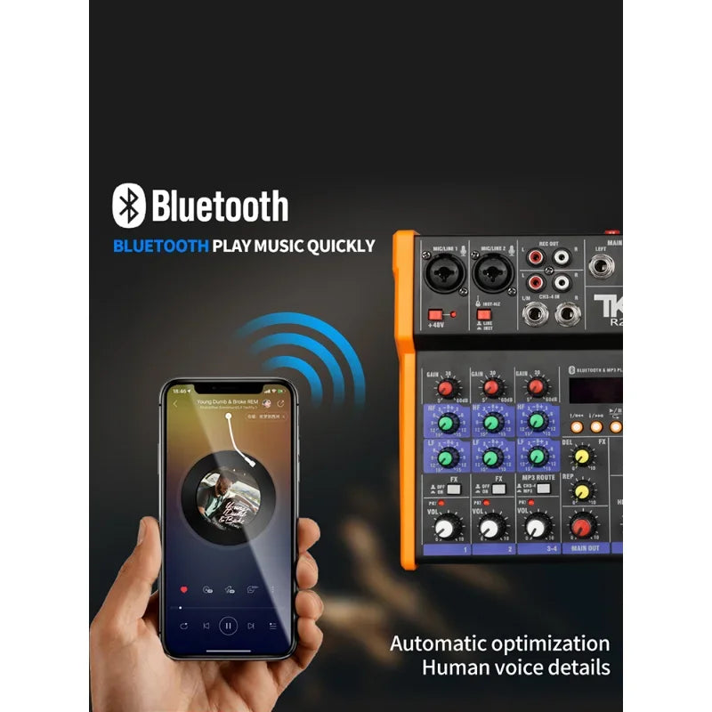 4-channel Mixer Console, Wireless Microphone Mixing with Bluetooth USB Mini DJ Mixer