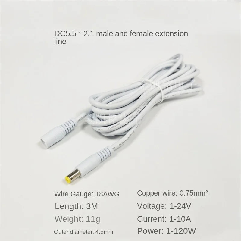 White 12V Power Extension Cable, Thick Copper, DC5.5*2.1 Male To Female, for Monitor, Router, LED Lights, 3m