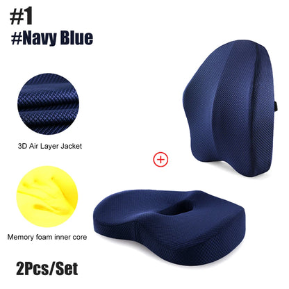 2pc Memory Foam Massage Pillow Seat Cushion Orthopedic Coccyx Office Chair Cushion Waist Back Lumbar Support Car Seat Hip Pad