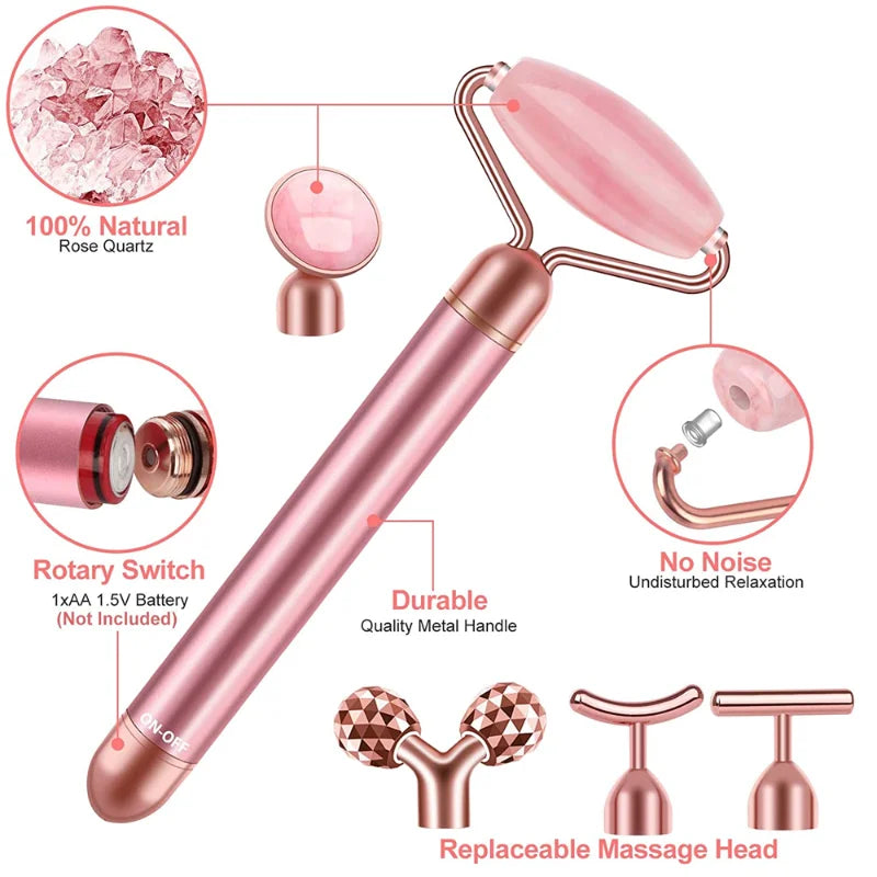 3 in 1 24K Gold Beauty Bar Electric Face Massager Vibrating Rose Quartz 3D Roller Face Lifting Body Facial Gua Sha Jade Roller