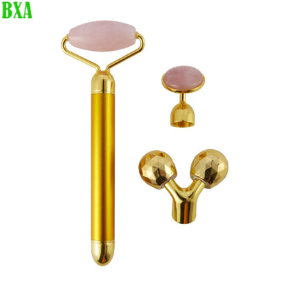 3 in 1 24K Gold Beauty Bar Electric Face Massager Vibrating Rose Quartz 3D Roller Face Lifting Body Facial Gua Sha Jade Roller