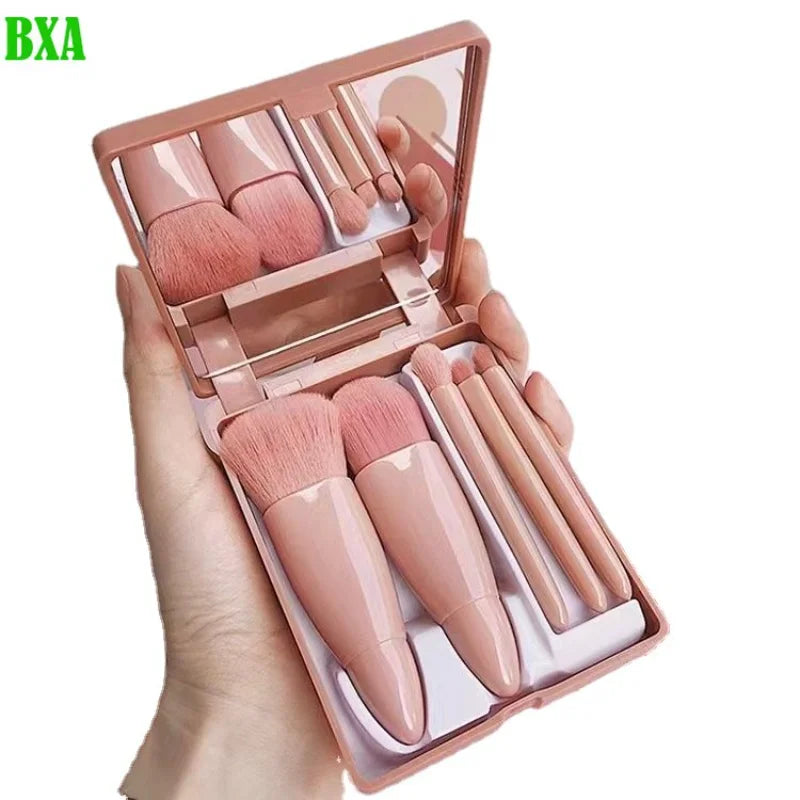 5PCS Mini Makeup Brushes Set With Mirror Box Blush Lip Eye Shadow Brush Professional Cosmetic Brushes Kit Portable Travel Beauty