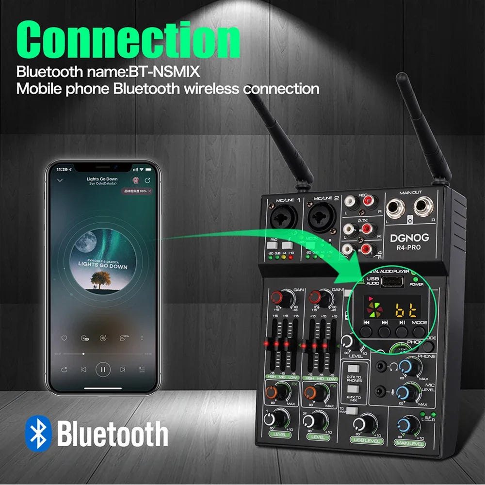 USB 4-channel Mixer with UHF Wireless Microphone for PC Recording and Mixing DJ Console, with Bluetooth Mini Mixer