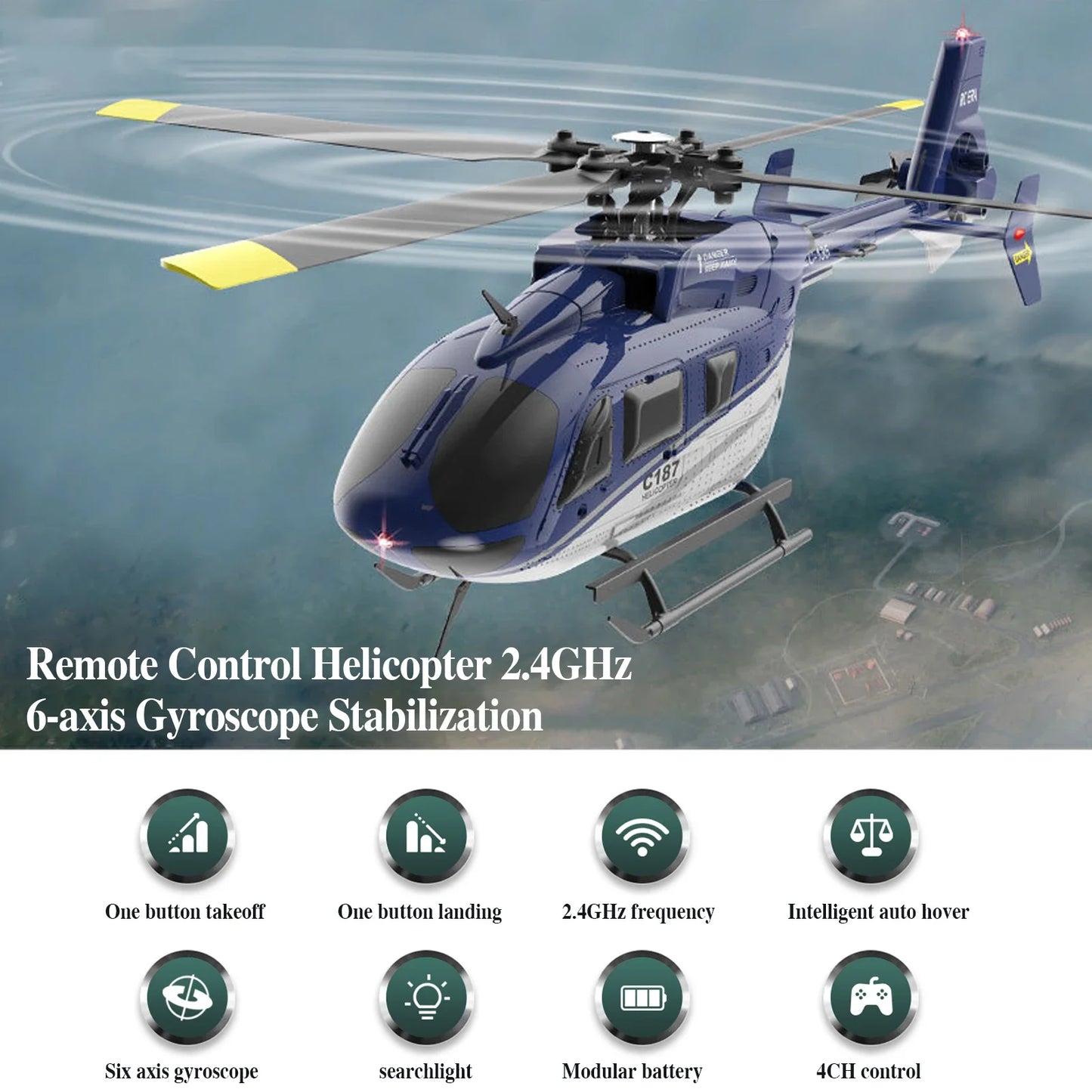 2.4GHz 4CH Remote Control Drone 6-Axis C187 Remote Control Helicopter  Gyro Altitude Hold Toy RC Helicopter RTF Gift for Adults