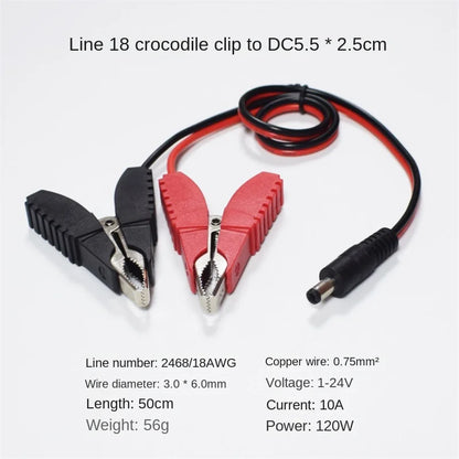 10A Copper Car Battery Jumper Cable - 0.75mm² - Crocodile Clip To DC5.5*2.5 Forked Male Connector - 50cm