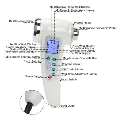 4 in 1 Ion Face Beauty Devices 7 Colors LED Light Photo Therapy Ultrasonic 3Mhz Body Slimming Anti-cellulite Facial Massager