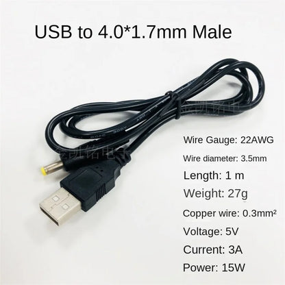 1m USB To DC4.0*1.7 Male Power Cable, 5V3A, Full Copper, DVD Round Tip, Sony PSP Interface