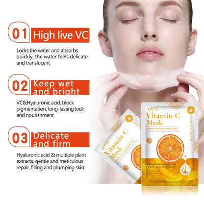 10PCS Vitamin C Skin Care Face Mask VC Sheet Mask Facemask Acne Treatment Serum Whitening Moisturizer Skin Care Women Beauty