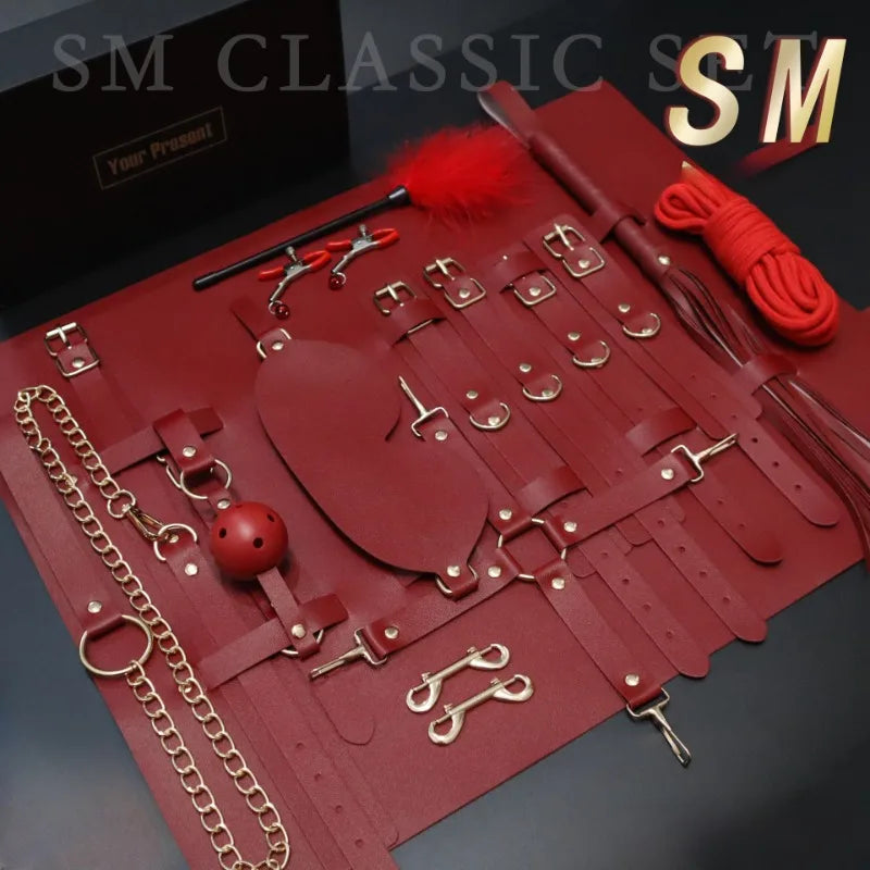 8-13pcs set Classic BDSM Restraints Sex Toy Kits Handcuffs & Ankle Fetish Suit Nipple Clipper Mouth Gag Whip Sex Feather Soft SM