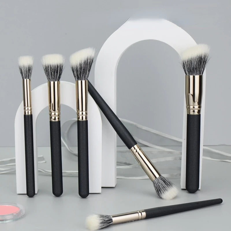 New 6PCS Double Layer Goat Hair Stippling Blush Brush Highlighter Concealer Makeup Brushes Cosmetic Beauty Tools Natural Wood