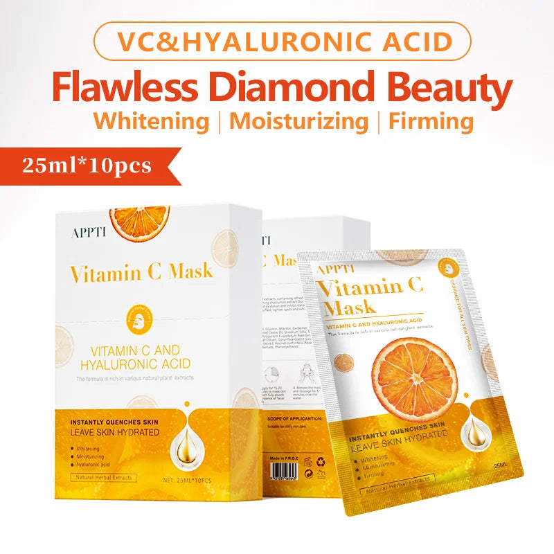 10PCS Vitamin C Skin Care Face Mask VC Sheet Mask Facemask Acne Treatment Serum Whitening Moisturizer Skin Care Women Beauty