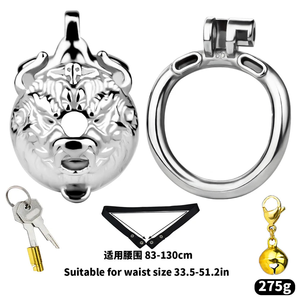 Stainless Steel Cow Tiger Head Shape Cock Cage Male Chastity Device Cock Ring Penis Lock with Belt for Adult Game Metal Sex Toy