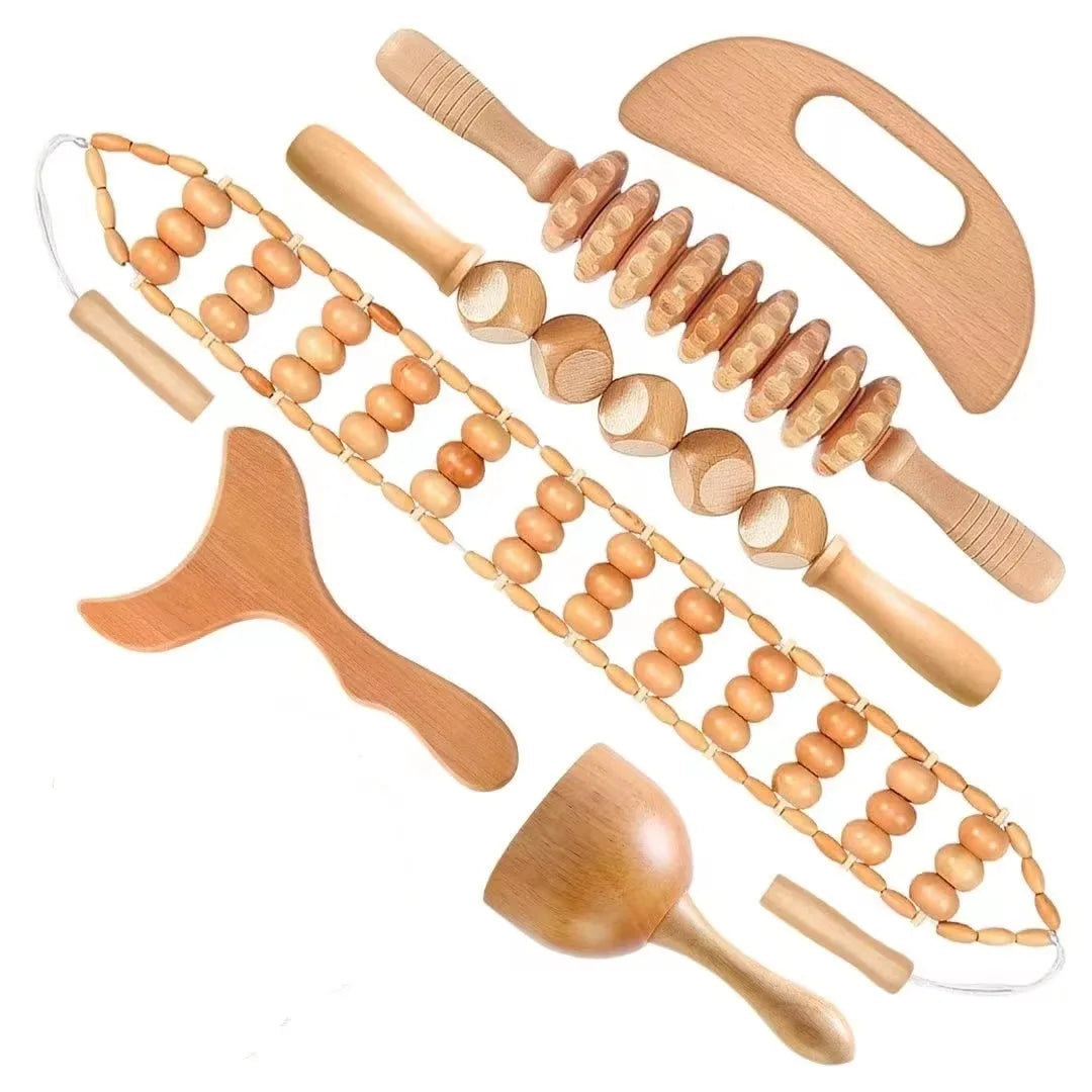 7 in 1 Therapy Massage Tools Maderoterapia Kit Home Wood Massager Roller Wood Gua Sha Roller Manual Wooden Massager