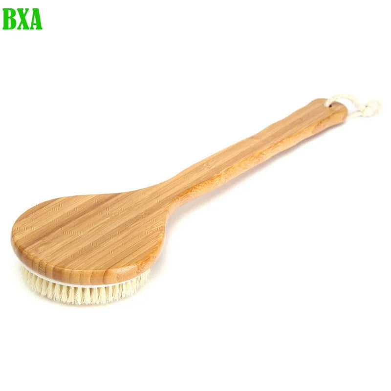 BXA Wooden Handle Natural Bristle Bath Brush Exfoliating Wooden Body Massage Shower Brush SPA Woman Man Skin Care Dry Body Brush