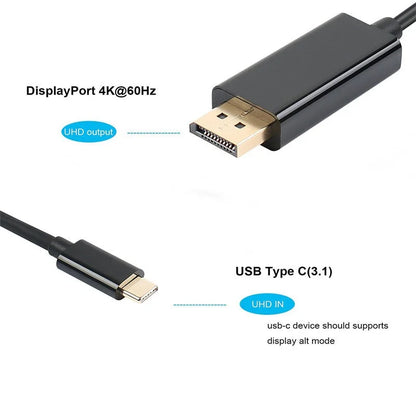 Type-C To DisplayPort 1.8M High Definition Adapter Cable, 4K*2K Support, USB 3.1 To DP