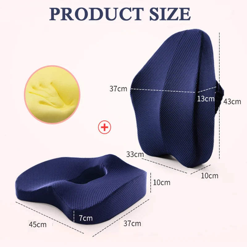 2pc Memory Foam Massage Pillow Seat Cushion Orthopedic Coccyx Office Chair Cushion Waist Back Lumbar Support Car Seat Hip Pad