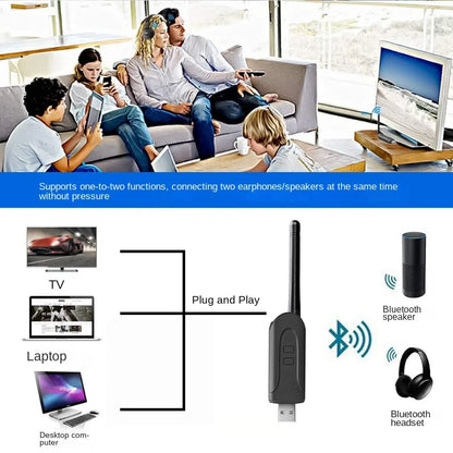 Audio Transmitter - Wireless Bluetooth Audio Transmitter with High-Fidelity Antenna, 5.0, 1-to-2 Connection, B52