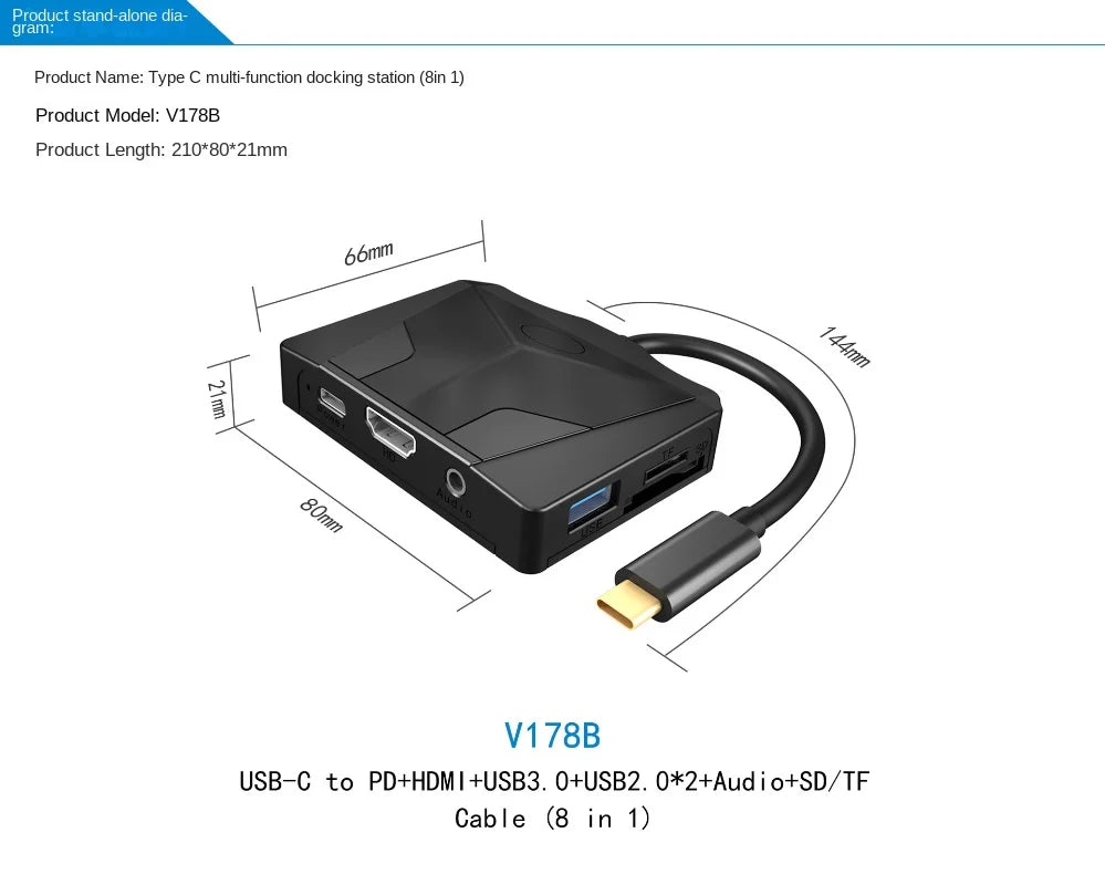 Type C To 8-in-1 Hub: HDMI Converter + USB HUB